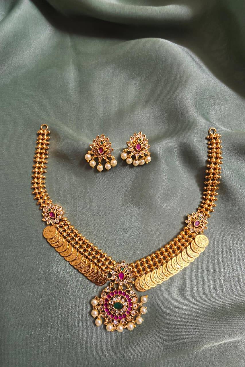 Coin Necklace with Flower Pendants